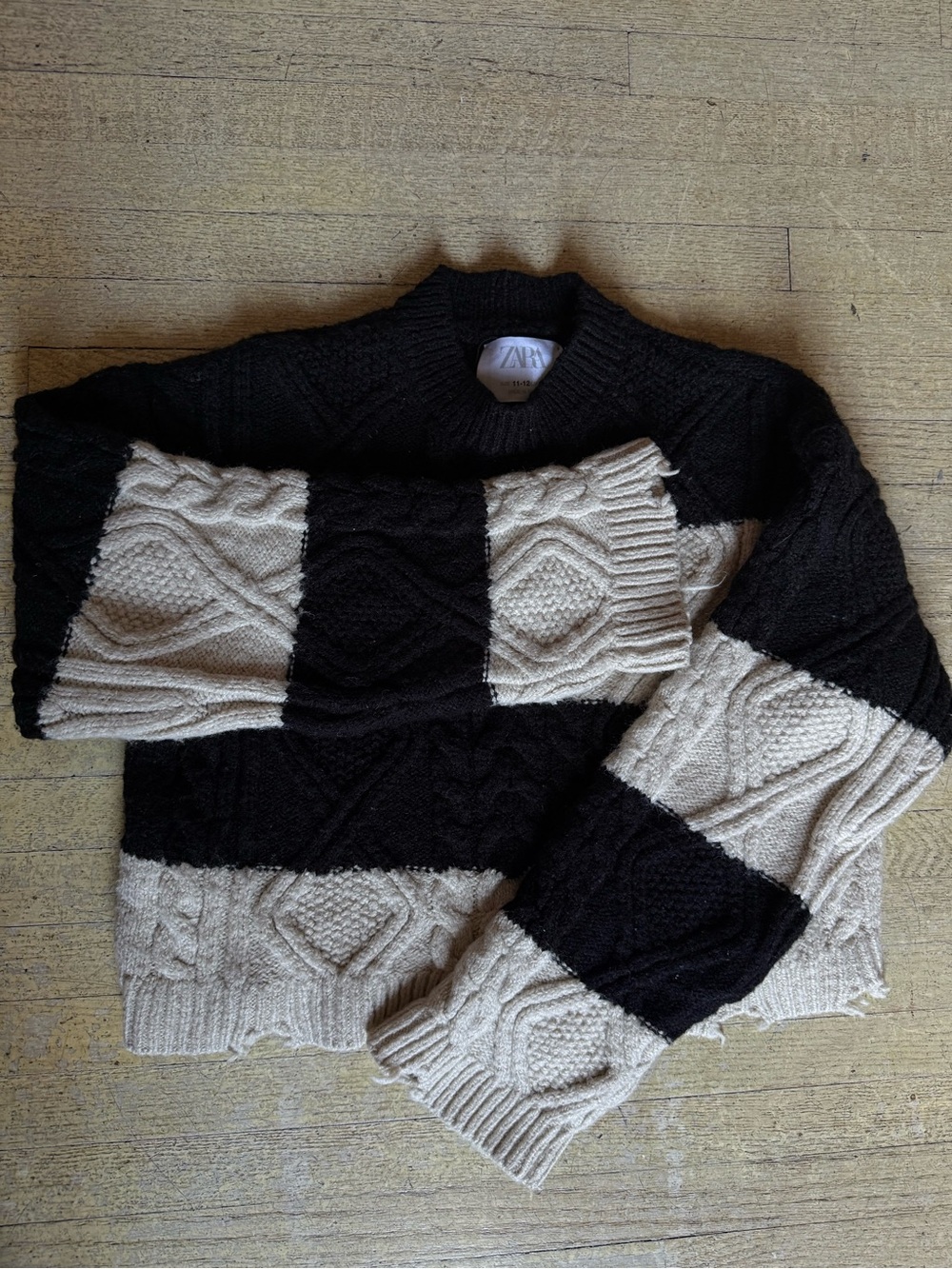ZaraGirl’s Black and Cream Striped Cable-Knit Crewneck Sweater